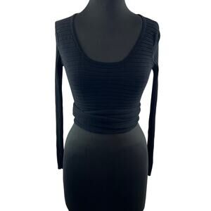 LULUS Black Crop Top Stretch Ribbed Knit Scoop Neck Tie-Waist Pullover Medium M